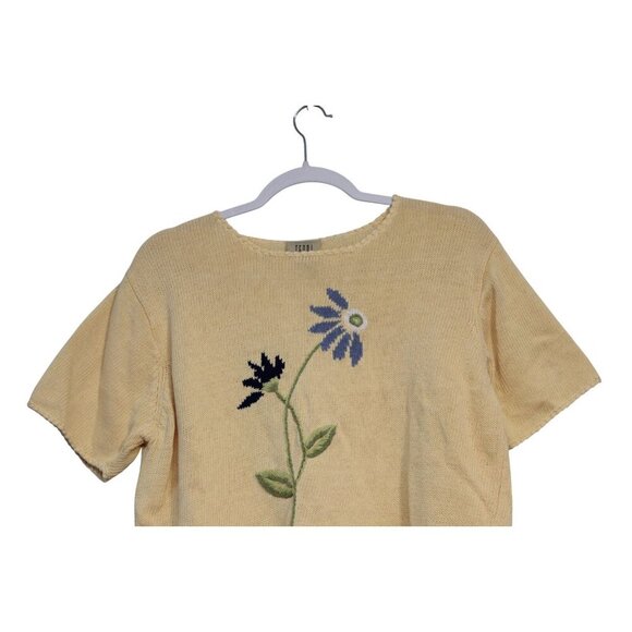 Vintage Knit Blouse Petite Large Butter Yellow Flower Butterfly Ramie 90s Retro - Picture 2 of 8